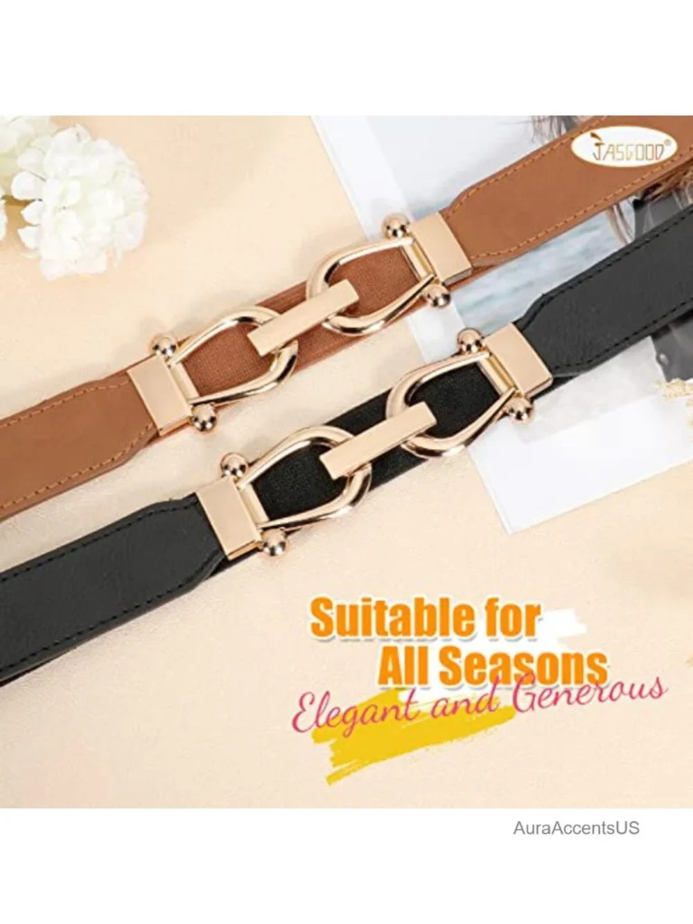 Stretchy Skinny Waist Belt with Gold Buckle, High Stretch Elastic